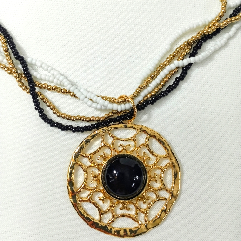 A&I Gold Black White Cabochon Medallion Necklace